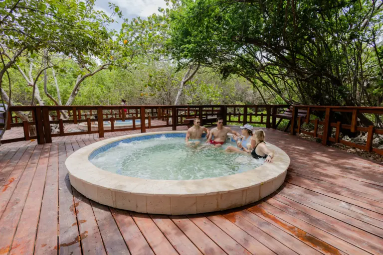 Guests sitting in a round hydrotherapy jacuzzi on the wooden deck, mangroves behind them