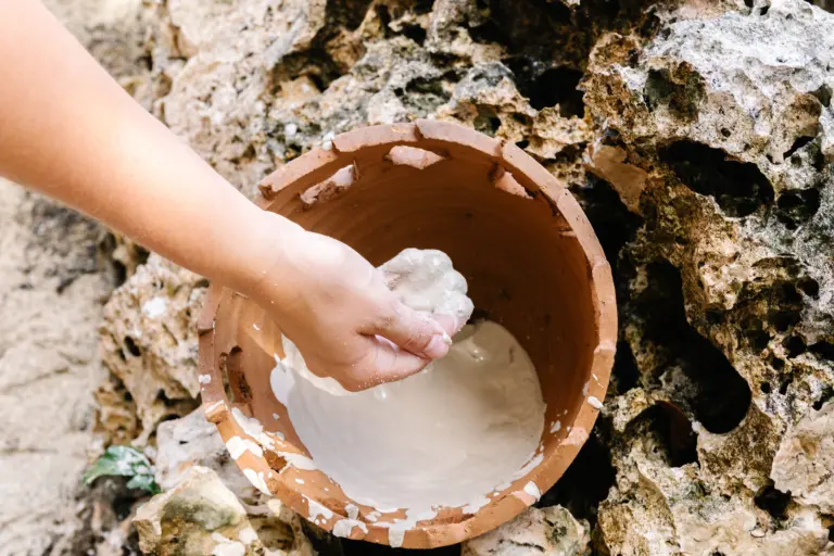 Natural mineral clay in a clay bowl at the Charankako Bay Nature Spa